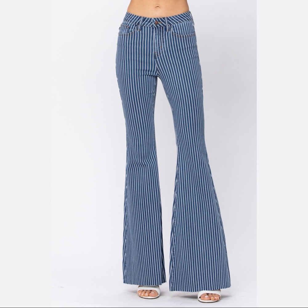 New! Judy Blue Hi Waist Super Flare Pin Stripe Dark Wash - Picture 6 of 11